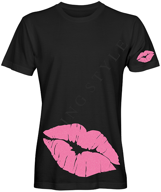 T shirt zwart glitterflex met roze lippen